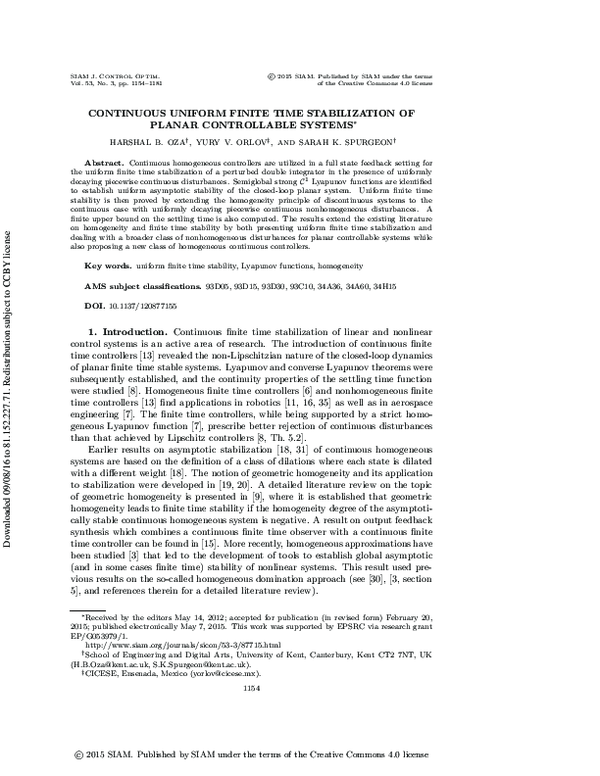 (PDF) Continuous Uniform Finite Time Stabilization of Planar ...