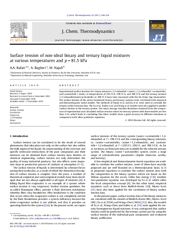 (PDF) Surface tension of non-ideal binary and ternary liquid mixtures ...