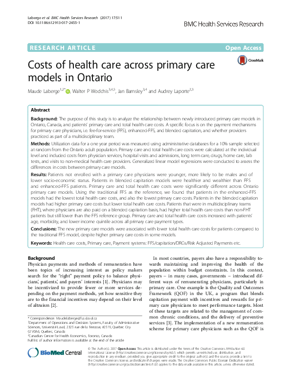 (PDF) Costs of health care across primary care models in Ontario