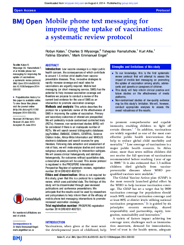 (PDF) Mobile phone text messaging for improving the uptake of ...