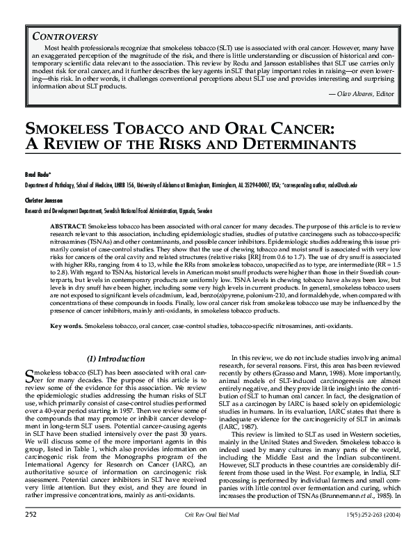 (PDF) Smokeless Tobacco and Oral Cancer A Review of the Risks and Determinants Brad Rodu
