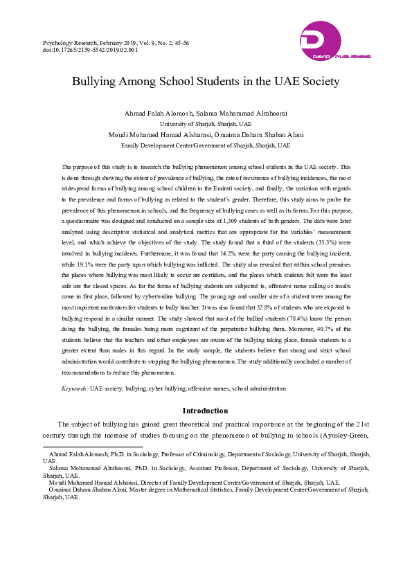 (PDF) Bullying Among School Students in the UAE Society