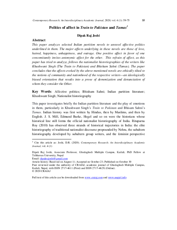 (PDF) Politics of affect in Train to Pakistan and Tamas Dipak Joshi