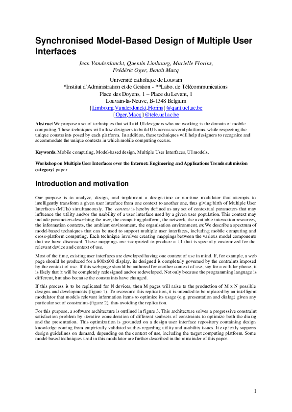 (PDF) Synchronised, model-based design of multiple user interfaces