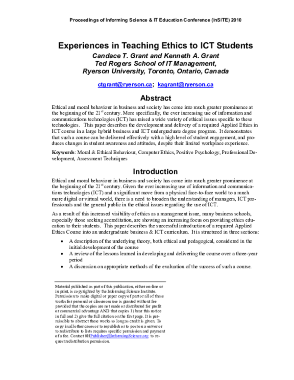 (PDF) Experiences in Teaching Ethics to ICT Students