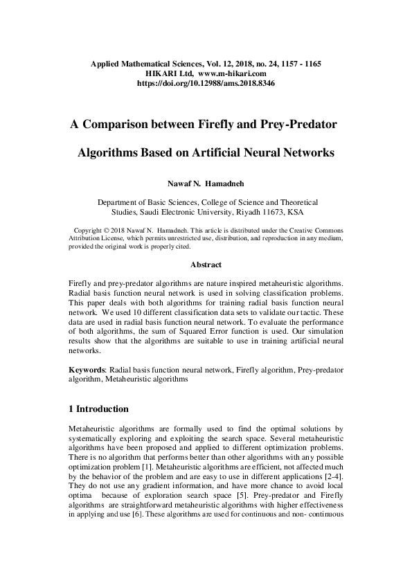 (PDF) A comparison between firefly and prey-predator algorithms based ...