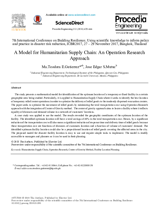 (PDF) A Model for Humanitarian Supply Chain: An Operation Research Approach