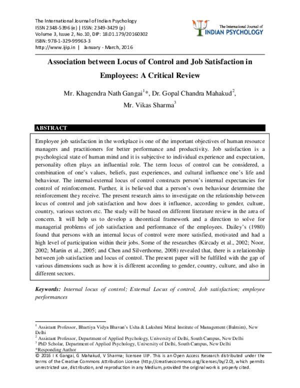 (PDF) Association between Locus of Control and Job Satisfaction in ...