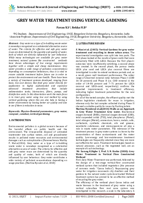 (PDF) IRJET "GREY WATER TREATMENT USING VERTICAL GADENING IRJET
