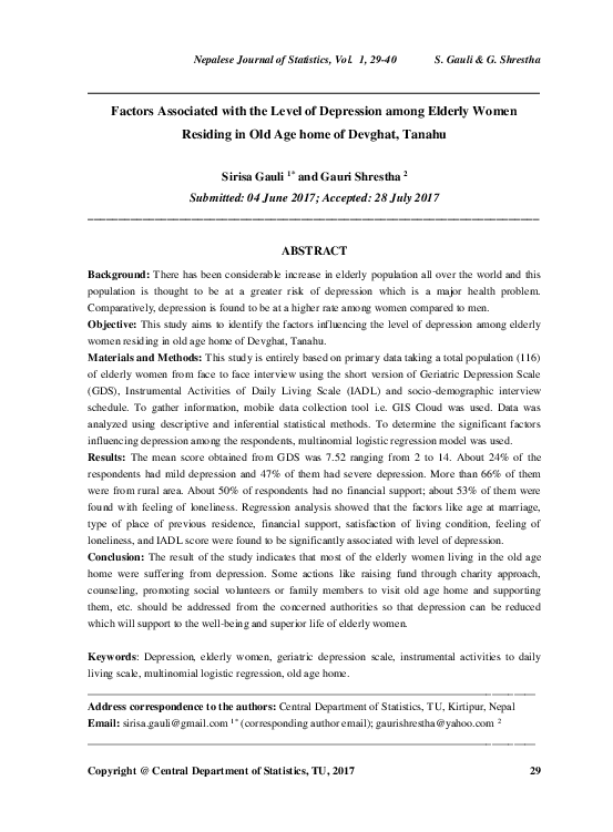 (PDF) Factors Associated with the Level of Depression among Elderly ...