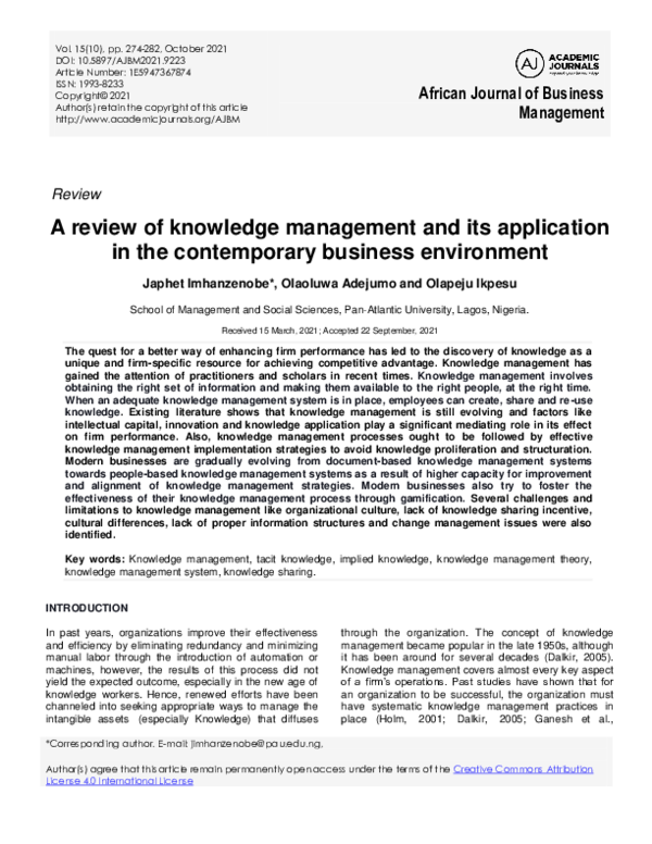 (PDF) A review of knowledge management and its application in the ...