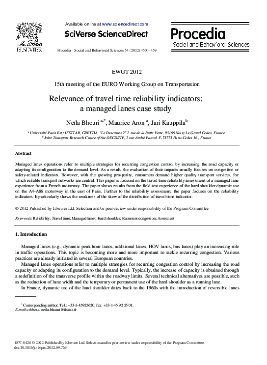 (PDF) Relevance of Travel Time Reliability Indicators: A Managed Lanes ...