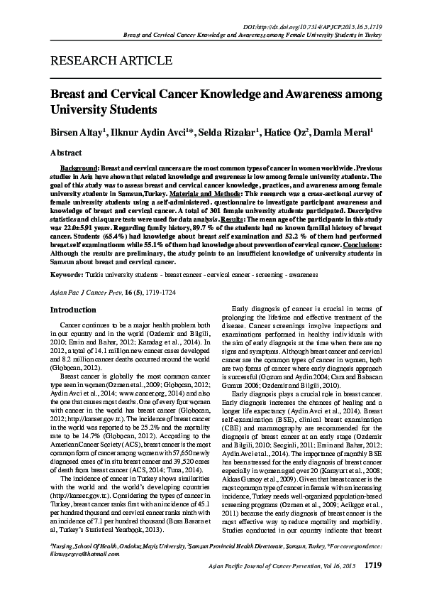 (PDF) Breast and Cervical Cancer Knowledge and Awareness among ...