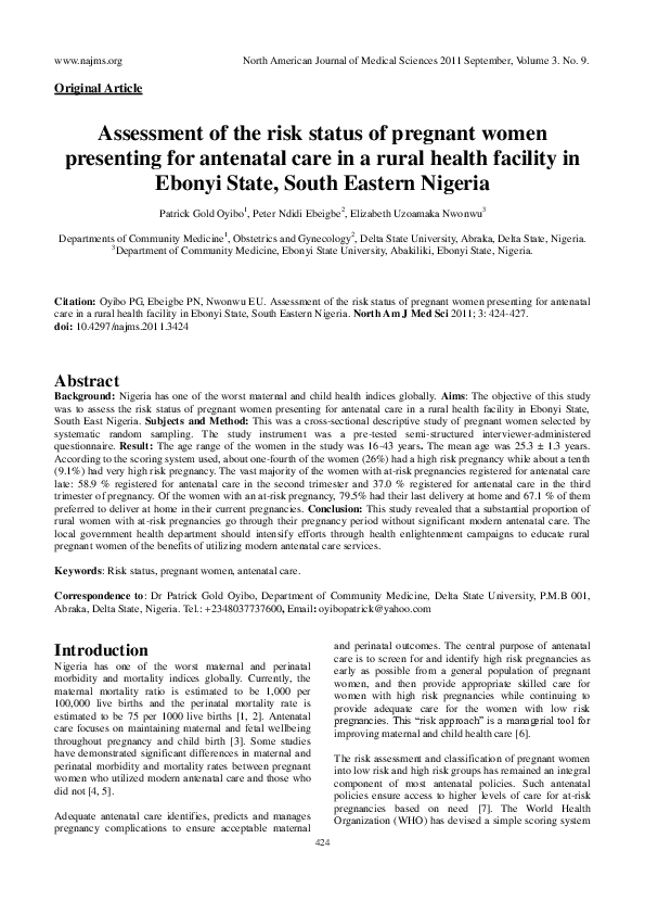 (PDF) Assessment of the risk status of pregnant women presenting for ...