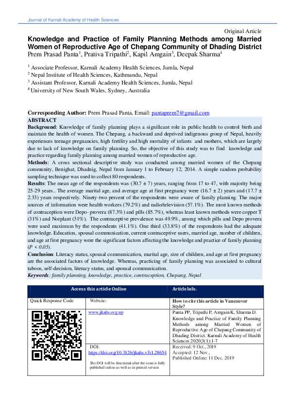 (PDF) Knowledge and Practice of Family Planning Methods among Married ...
