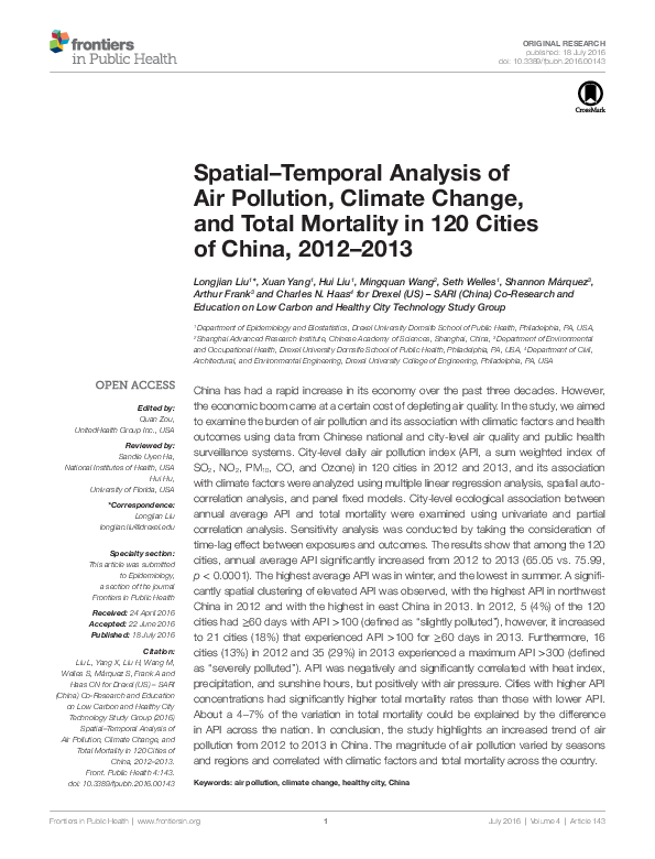 Spatial-Temporal Analysis of Air Pollution, Climate Change, and Total Mortality in 120 Cities of China, 2012-2013