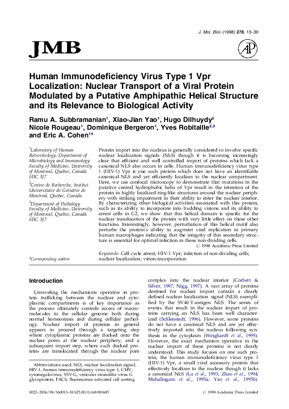 (PDF) Human immunodeficiency virus type 1 Vpr localization: nuclear ...
