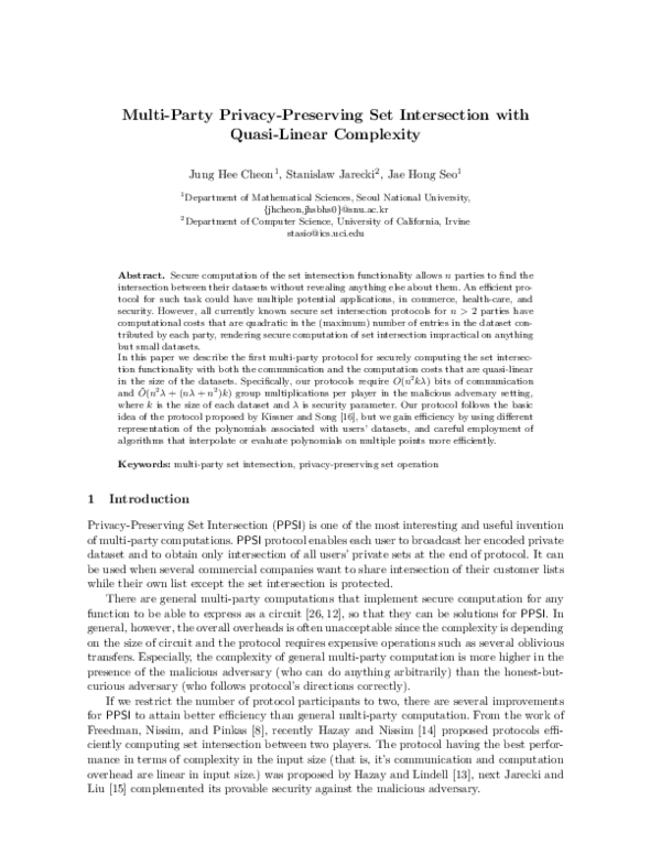 (PDF) Multi-Party Privacy-Preserving Set Intersection with Quasi-Linear ...