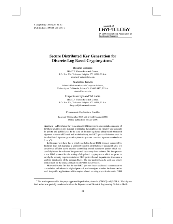 (PDF) Secure Distributed Key Generation for Discrete-Log Based ...