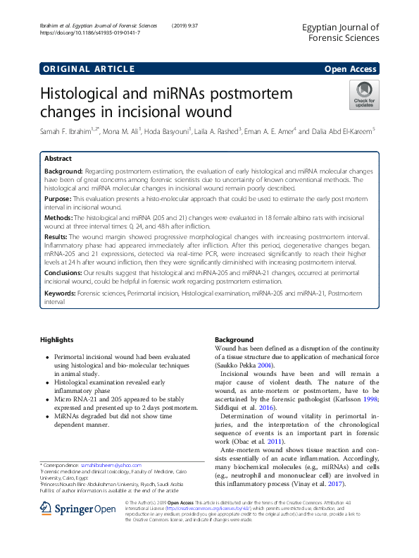 (PDF) Histological and miRNAs postmortem changes in incisional wound