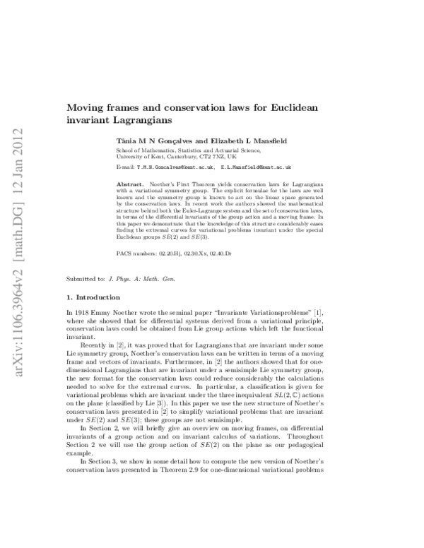 (PDF) Moving frames and conservation laws for Euclidean invariant ...