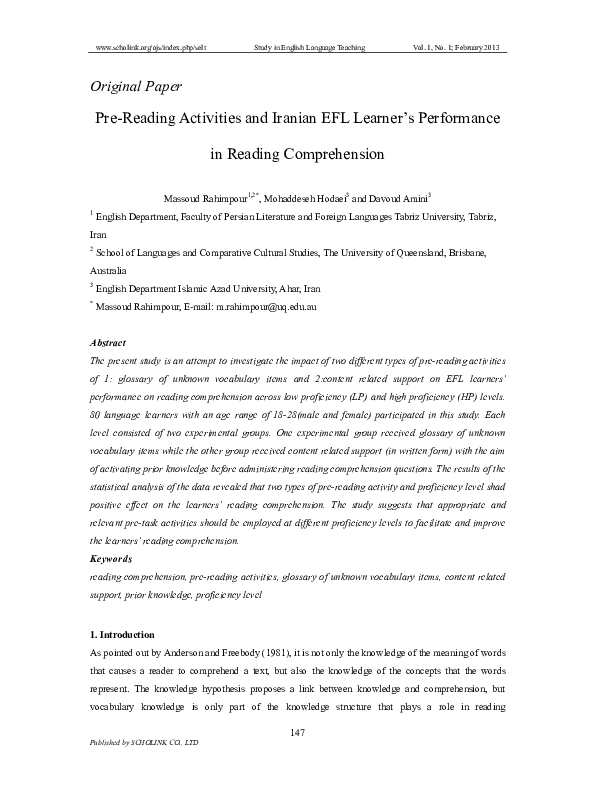(PDF) Pre-Reading Activities and Iranian EFL Learner’s Performance in ...