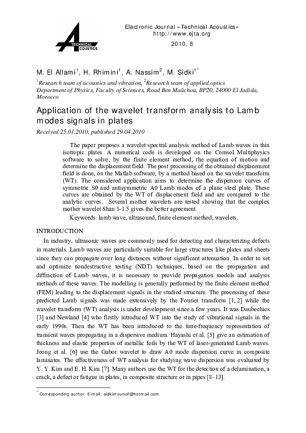 (PDF) Application of the wavelet transform analysis to Lamb modes ...