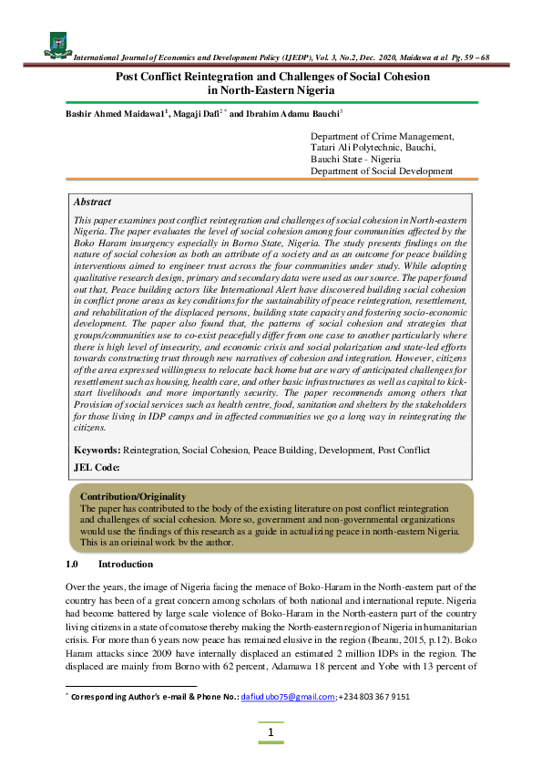 (PDF) Post Conflict Reintegration and Challenges of Social Cohesion in ...