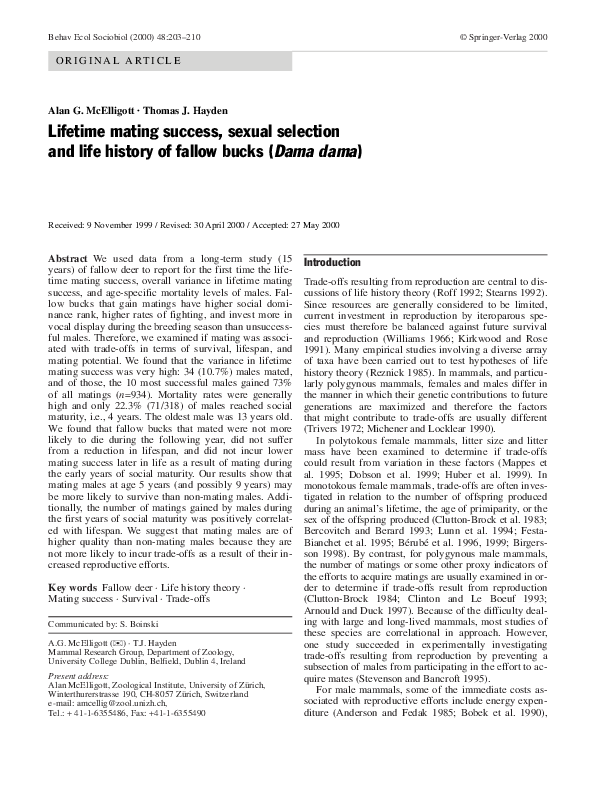 (PDF) Lifetime Mating Success, Sexual Selection and Life History of ...