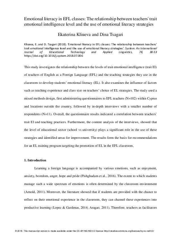 (PDF) Emotional literacy in EFL classes: The relationship between ...