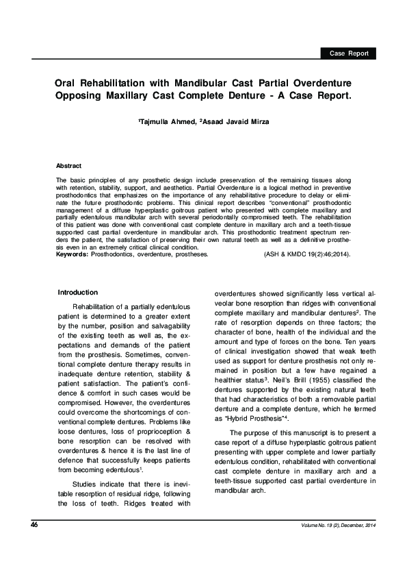 (PDF) Oral Rehabilitation with Mandibular Cast Partial Overdenture ...