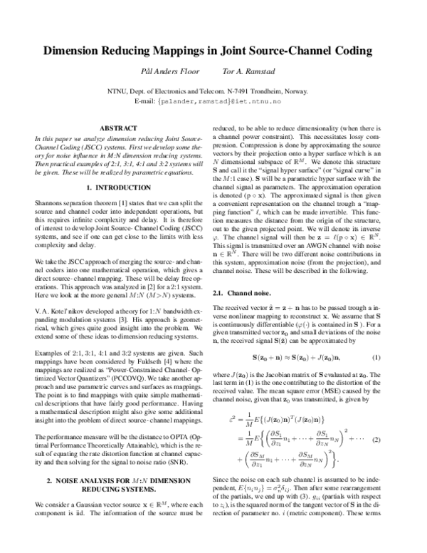 (PDF) Dimension Reducing Mappings in Joint SourceChannel Coding Tor