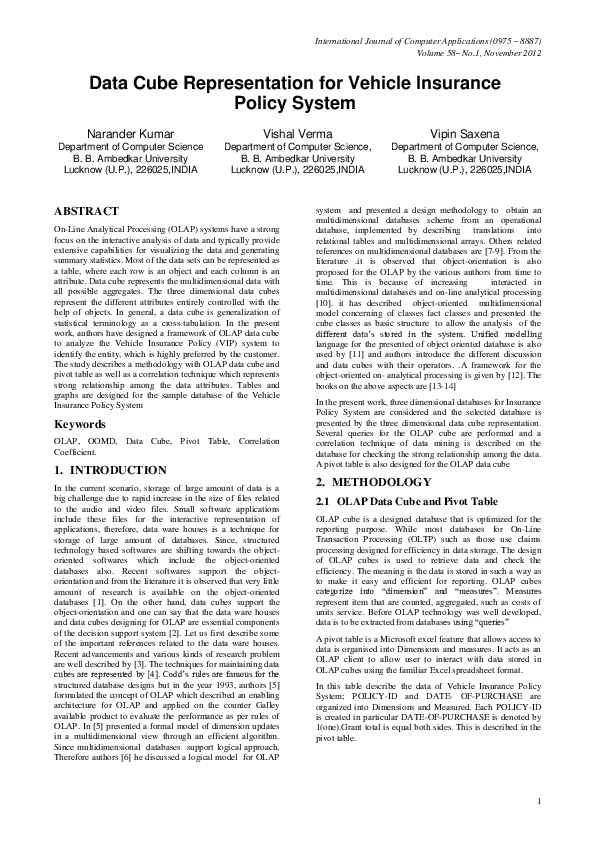 (PDF) Data Cube Representation for Vehicle Insurance Policy System