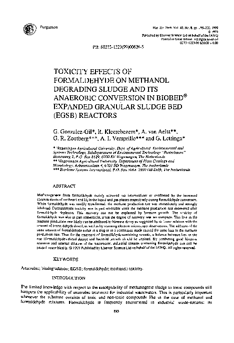 (PDF) Toxicity effects of formaldehyde on methanol degrading sludge and ...