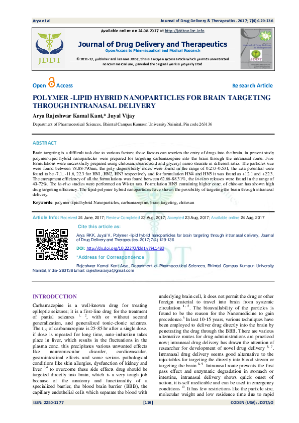 (PDF) Polymer -Lipid Hybrid Nanoparticles for Brain Targeting Through ...