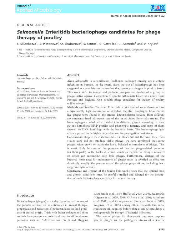 (PDF) Salmonella Enteritidis bacteriophage candidates for phage therapy ...
