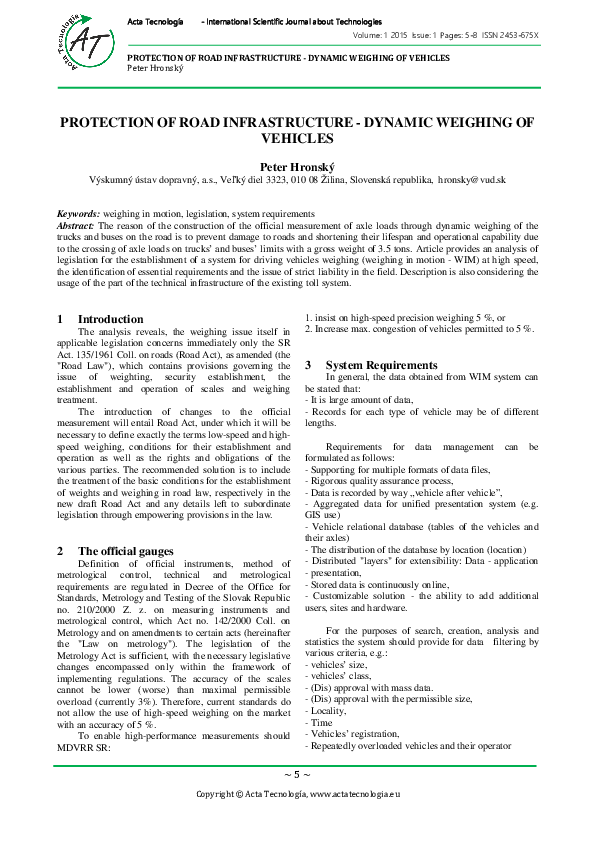 (PDF) Protection of Road Infrastructure - Dynamic Weighing of Vehicles