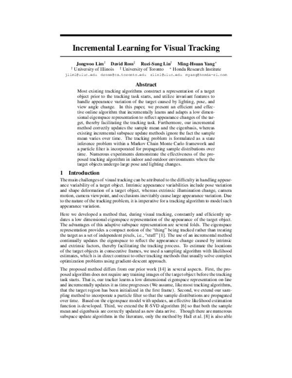 (PDF) Incremental learning for visual tracking