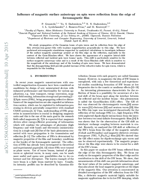 (PDF) Influence of magnetic surface anisotropy on spin wave reflection ...