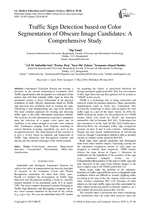 (PDF) Traffic Sign Detection based on Color Segmentation of Obscure ...