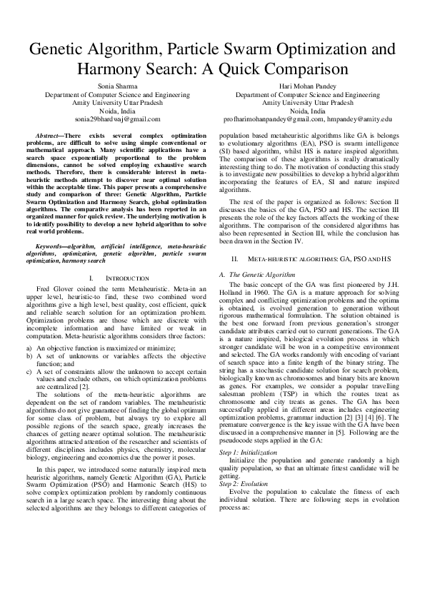 (PDF) Genetic Algorithm, Particle Swarm Optimization and Harmony Search ...
