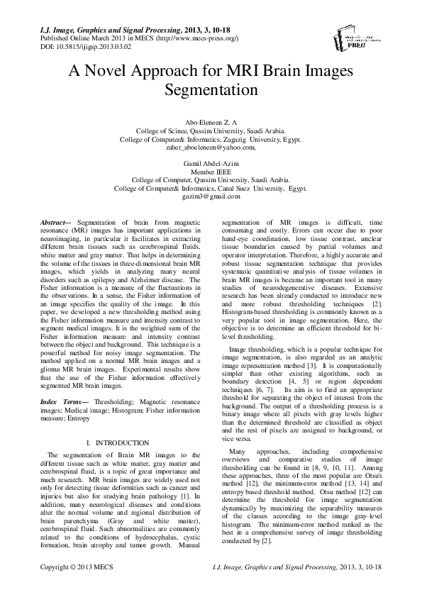 (PDF) A Novel Approach for MRI Brain Images Segmentation