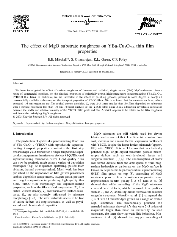 (PDF) The effect of MgO substrate roughness on YBa 2Cu 3O 7-d thin film ...