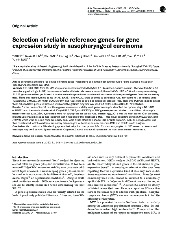 (PDF) Selection of reliable reference genes for gene expression study ...