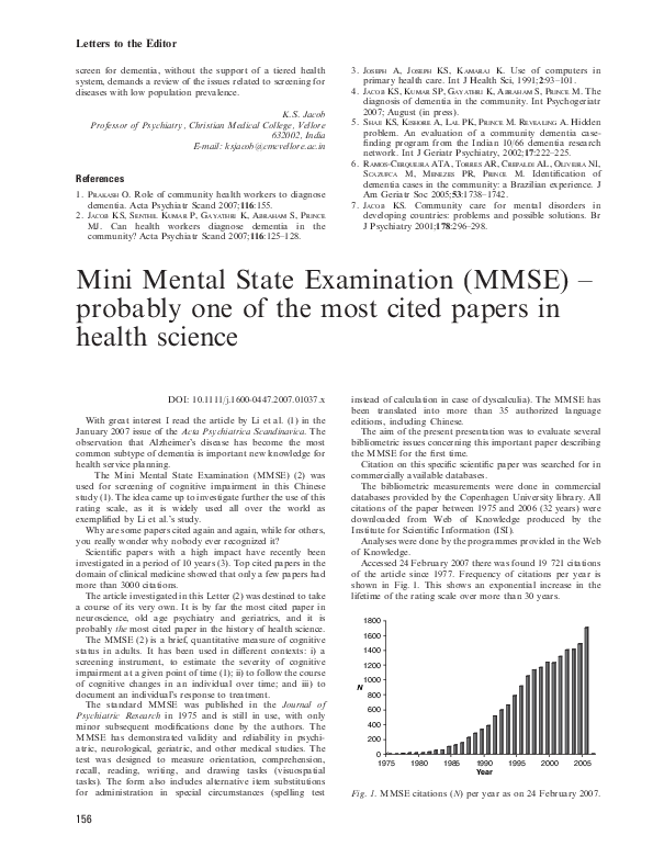 (PDF) Mini Mental State Examination (MMSE) ? probably one of the most ...
