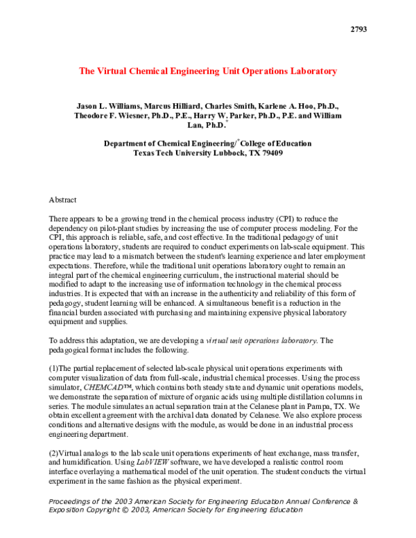 (PDF) The Virtual Chemical Engineering Unit Operations Laboratory