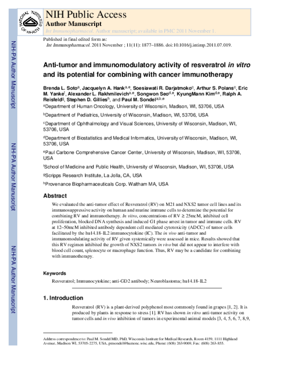 (PDF) Anti-tumor and immunomodulatory activity of resveratrol in vitro ...