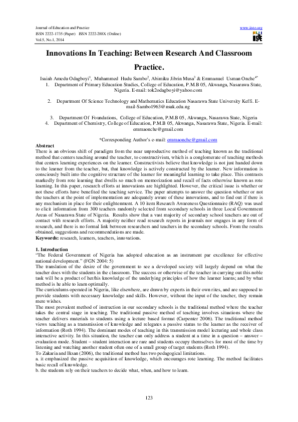 (PDF) Innovations In Teaching: Between Research And Classroom Practice