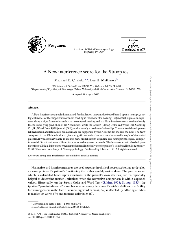 (PDF) A New interference score for the Stroop test