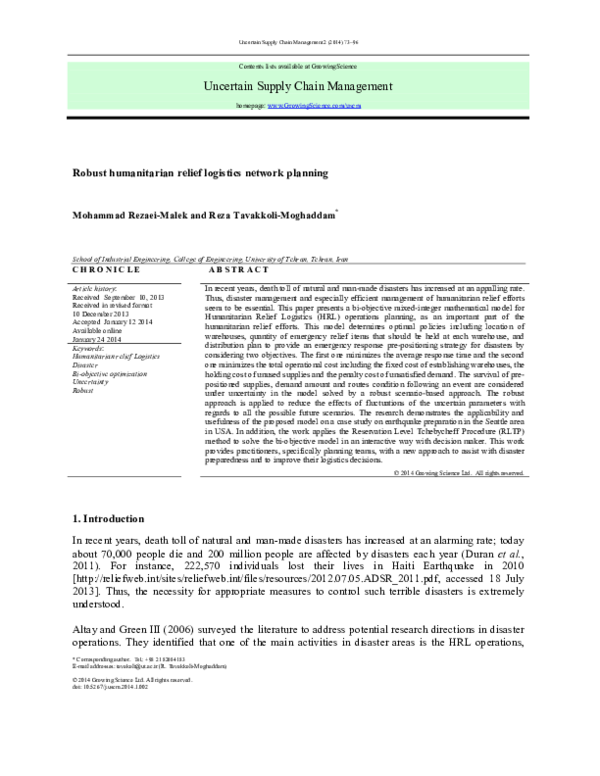 (PDF) Robust humanitarian relief logistics network planning